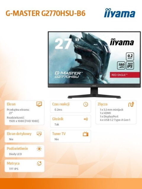 IIYAMA Monitor 27 cali G2770HSU-B6 0.2ms,IPS,DP,HDMI,180Hz IIYAMA Monitor 27 cali G2770HSU-B6 0.2ms,IPS,DP,HDMI,180Hz