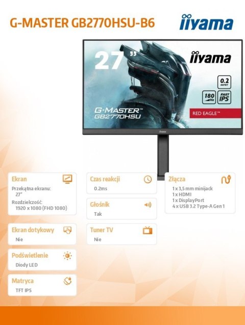 IIYAMA Monitor 27 cali GB2770HSU-B6 0.2ms,IPS,DP,HDMI,180Hz IIYAMA Monitor 27 cali GB2770HSU-B6 0.2ms,IPS,DP,HDMI,180Hz