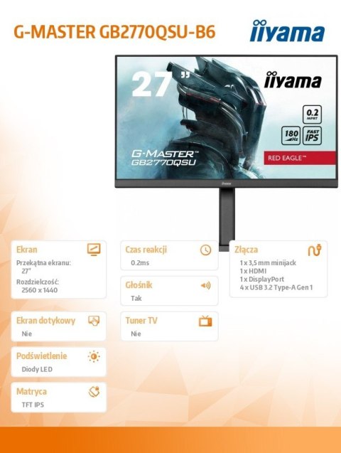 IIYAMA Monitor 27 cali GB2770QSU-B6 0.2ms,IPS,DP,HDMI,180Hz IIYAMA Monitor 27 cali GB2770QSU-B6 0.2ms,IPS,DP,HDMI,180Hz