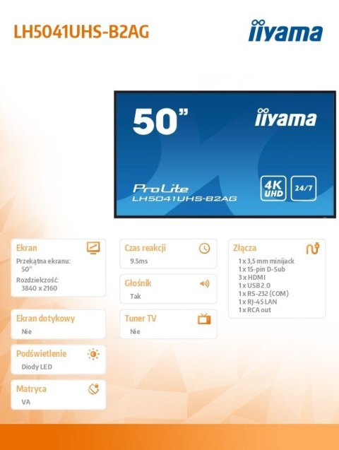 IIYAMA Monitor 50 cali LH5041UHS-B2 VA,4K,24/7,LAN,USB,HDMI IIYAMA Monitor 50 cali LH5041UHS-B2 VA,4K,24/7,LAN,USB,HDMI