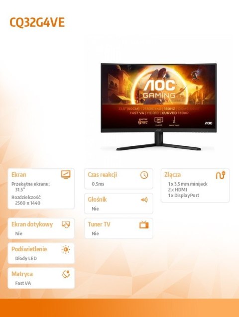 AOC Monitor CQ32G4VE 31.5 cala Fast VA Zakrzywiony 180Hz HDMIx2 DP AOC Monitor CQ32G4VE 31.5 cala Fast VA Zakrzywiony 180Hz HDMIx2 DP