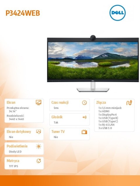 Dell Monitor P3424WEB 34 cale IPS Zakrzywiony WQHD (3440x1440)/21:9/HDMI/DP/USB-C/RJ-45/Kamera/Głośniki/Mikrofon/3Y Dell Monitor P3424WEB 34 cale IPS Zakrzywiony WQHD (3440x1440)/21:9/HDMI/DP/USB-C/RJ-45/Kamera/Głośniki/Mikrofon/3Y