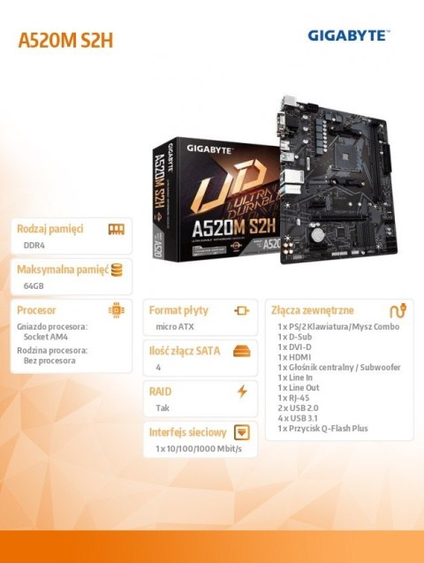 Gigabyte Płyta główna A520M S2H AM4 2DDR4 M.2 HDMI/DVI mATX Gigabyte Płyta główna A520M S2H AM4 2DDR4 M.2 HDMI/DVI mATX