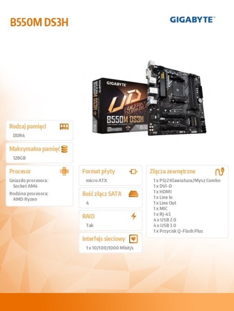 Gigabyte Płyta główna B550M DS3H AM4 4DDR4 HDMI/DVI M.2 USB3.2 mATX Gigabyte Płyta główna B550M DS3H AM4 4DDR4 HDMI/DVI M.2 USB3.2 mATX