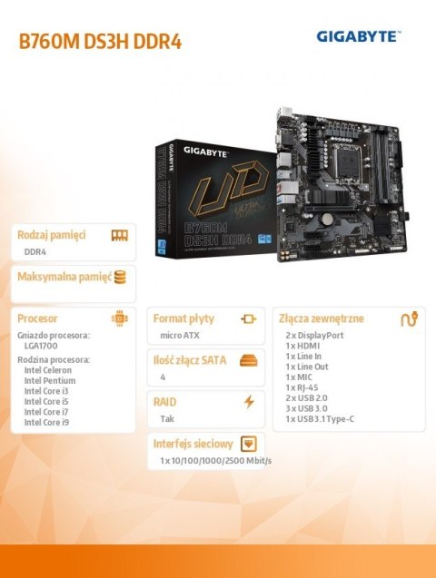 Gigabyte Płyta główna B760M DS3H DDR4 s1700 DDR4 2DP/HDMI mATX Gigabyte Płyta główna B760M DS3H DDR4 s1700 DDR4 2DP/HDMI mATX