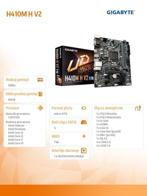 Gigabyte Płyta główna H410M H V2 s1200 2DDR4 HDMI/D-SUB M.2 mATX Gigabyte Płyta główna H410M H V2 s1200 2DDR4 HDMI/D-SUB M.2 mATX