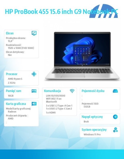 HP Inc. Notebook ProBook 455 G9 R5-5625U 512GB/16GB/W11P/15.6 9M3U3AT HP Inc. Notebook ProBook 455 G9 R5-5625U 512GB/16GB/W11P/15.6 9M3U3AT