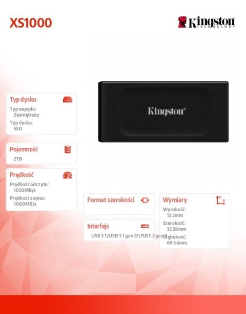 Kingston Dysk SSD XS1000 2TB USB3.2 Gen2x2 Zewnętrzny Kingston Dysk SSD XS1000 2TB USB3.2 Gen2x2 Zewnętrzny