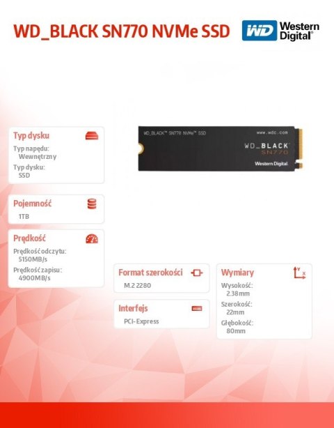 Western Digital Dysk Black SSD 1TB SN770 NVMe 2280 M2 WDS100T3X0E Western Digital Dysk Black SSD 1TB SN770 NVMe 2280 M2 WDS100T3X0E
