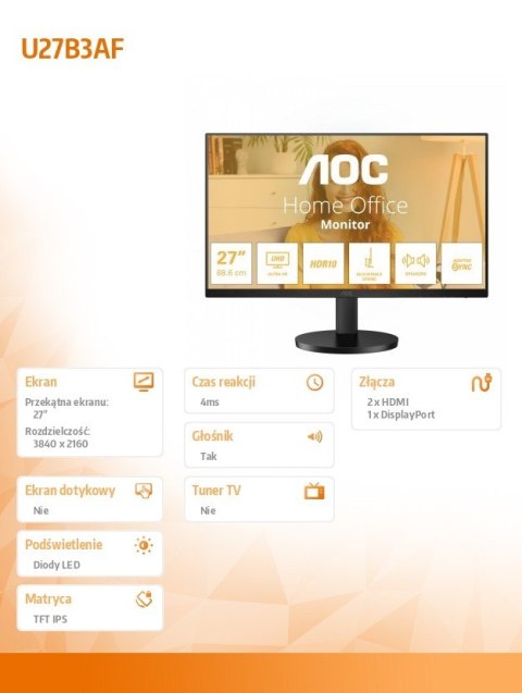 AOC Monitor U27B3AF 27 cali IPS 4K HDMIx2 DP HAS Głośniki AOC Monitor U27B3AF 27 cali IPS 4K HDMIx2 DP HAS Głośniki