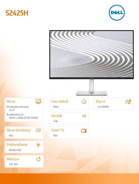 Dell Monitor 23.8 cala S2425H IPS LED 100Hz Full HD (1920x1080)/16:9/2xHDMI/Speakers/3Y Dell Monitor 23.8 cala S2425H IPS LED 100Hz Full HD (1920x1080)/16:9/2xHDMI/Speakers/3Y