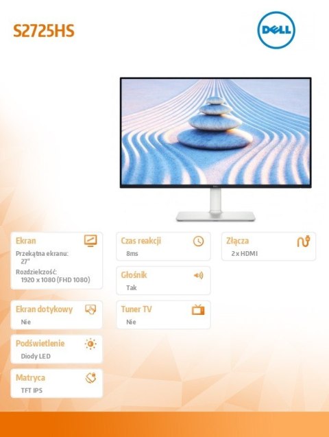 Dell Monitor 27 cali S2725HS IPS LED 100Hz Full HD (1920x1080) /16:9/2xHDMI/Speakers/fully adjustable stand/3Y Dell Monitor 27 cali S2725HS IPS LED 100Hz Full HD (1920x1080) /16:9/2xHDMI/Speakers/fully adjustable stand/3Y