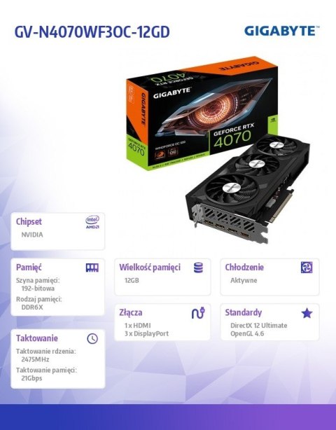 Gigabyte Karta graficzna GeForce RTX 4070 WINDFORCE 12GB GDDR6X 192bit 3DP/HDMI Gigabyte Karta graficzna GeForce RTX 4070 WINDFORCE 12GB GDDR6X 192bit 3DP/HDMI