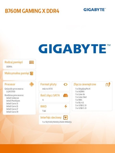 Gigabyte Płyta główna B760M GAMING X DDR4 s1700 DDR4 DP/HDMI mATX Gigabyte Płyta główna B760M GAMING X DDR4 s1700 DDR4 DP/HDMI mATX