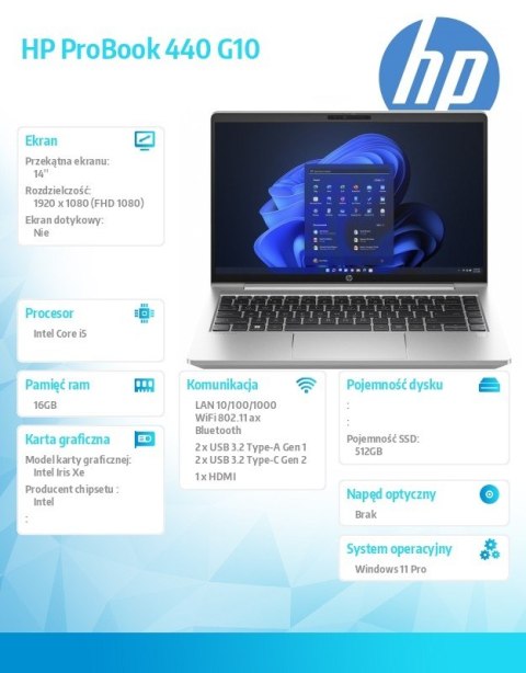 HP Inc. Notebook ProBook 440 G10 i5-1335U 512GB/16GB/W11P/14.0 85C59EA HP Inc. Notebook ProBook 440 G10 i5-1335U 512GB/16GB/W11P/14.0 85C59EA