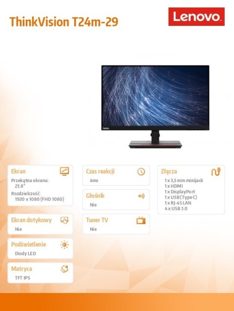 Lenovo Monitor 23.8 ThinkVision T24m-29 63A5GAT6EU Lenovo Monitor 23.8 ThinkVision T24m-29 63A5GAT6EU