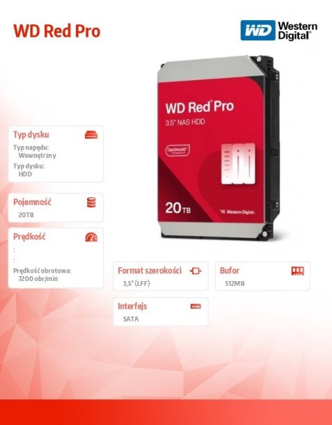 Western Digital Dysk HDD Red Pro 20TB 3,5 512MB SATA III/7200rpm Western Digital Dysk HDD Red Pro 20TB 3,5 512MB SATA III/7200rpm