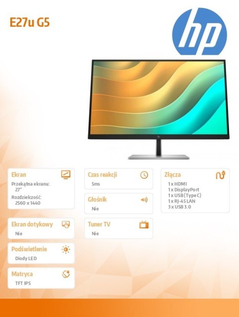 HP Inc. Monitor 27 cali E27u G5 QHD USB-C 6N4D3AA#ABB HP Inc. Monitor 27 cali E27u G5 QHD USB-C 6N4D3AA#ABB
