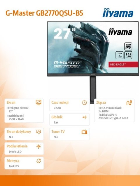 IIYAMA Monitor 27 cali GB2770QSU-B5 0.5ms,IPS,DP,HDMI,165Hz,HAS(150mm) IIYAMA Monitor 27 cali GB2770QSU-B5 0.5ms,IPS,DP,HDMI,165Hz,HAS(150mm)