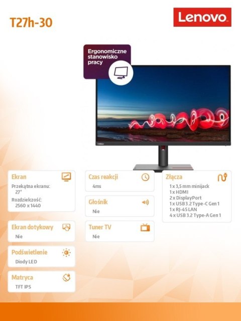 Lenovo Monitor 27 cali ThinkVision T27h-30 63A3GAT1EU Lenovo Monitor 27 cali ThinkVision T27h-30 63A3GAT1EU