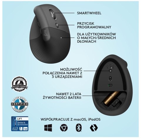 Logitech Mysz Lift Grafit dla praworęcznych 910-006473 Logitech Mysz Lift Grafit dla praworęcznych 910-006473