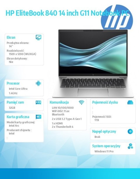 HP Inc. Notebook EliteBook 840 G11 U7-155H 1TB/32GB/W11P/14.0 9G0V8ET HP Inc. Notebook EliteBook 840 G11 U7-155H 1TB/32GB/W11P/14.0 9G0V8ET