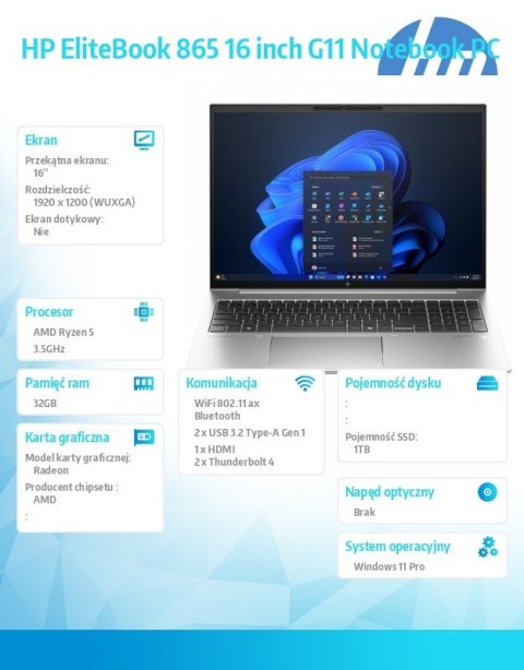 HP Inc. Notebook EliteBook 865 G11 Ryzen 5 PRO 8640HS 1TB/32GB/W11P/16.0 9G0Z1ET HP Inc. Notebook EliteBook 865 G11 Ryzen 5 PRO 8640HS 1TB/32GB/W11P/16.0 9G0Z1ET