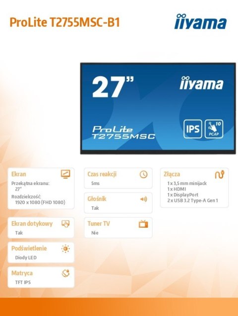 IIYAMA Monitor 27 cali T2755MSC-B1 DOTYK,USB,HDMI,IPS IIYAMA Monitor 27 cali T2755MSC-B1 DOTYK,USB,HDMI,IPS