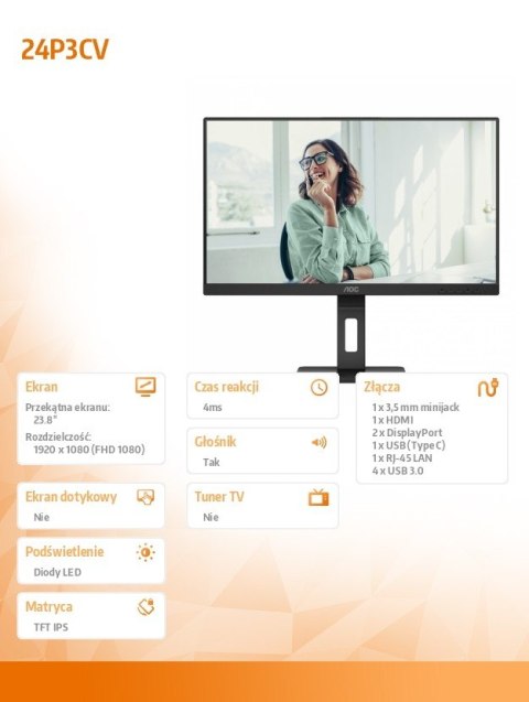 AOC Monitor 24P3CV 23.8 cali IPS HDMI DP USB-C Pivot AOC Monitor 24P3CV 23.8 cali IPS HDMI DP USB-C Pivot