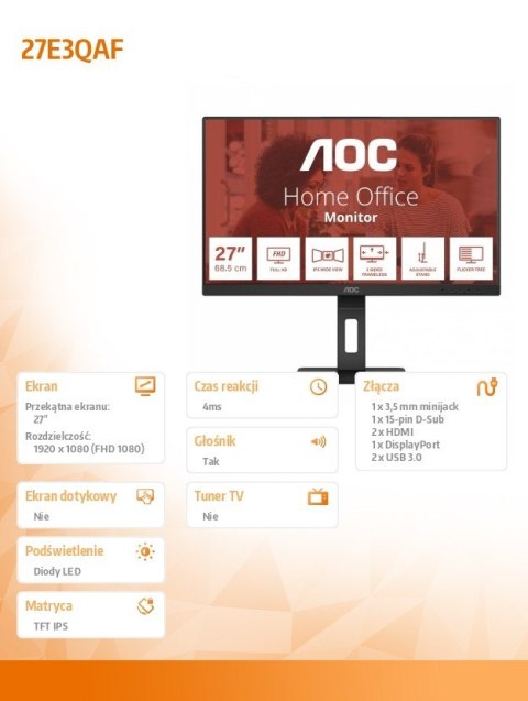 AOC Monitor 27E3QAF 27 cali IPS HDMI DP Pivot Głośniki AOC Monitor 27E3QAF 27 cali IPS HDMI DP Pivot Głośniki