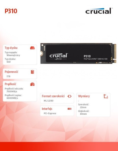 Crucial Dysk SSD P310 1TB M.2 NVMe PCIe 4.0 2280 7100/6000 Crucial Dysk SSD P310 1TB M.2 NVMe PCIe 4.0 2280 7100/6000