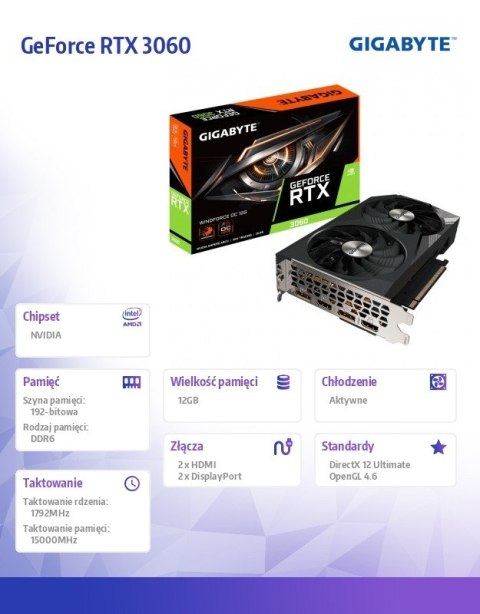 Gigabyte Karta graficzna GeForce RTX 3060 Windforce OC 2.0 12GB GDDR6 192bit Gigabyte Karta graficzna GeForce RTX 3060 Windforce OC 2.0 12GB GDDR6 192bit