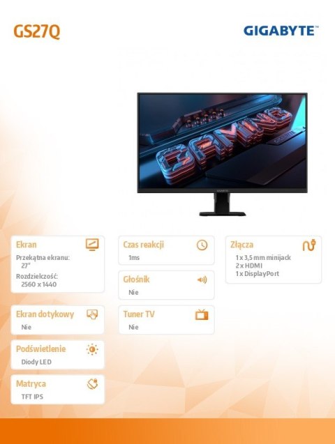 Gigabyte Monitor 27 cali GS27Q IPS QHD HDMI DP 165HZ Gigabyte Monitor 27 cali GS27Q IPS QHD HDMI DP 165HZ
