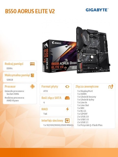 Gigabyte Płyta główna B550 AORUS ELITE V2 AM4 4DDR4 HDMI/DP M.2 ATX Gigabyte Płyta główna B550 AORUS ELITE V2 AM4 4DDR4 HDMI/DP M.2 ATX