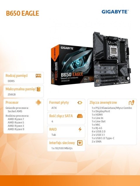 Gigabyte Płyta główna B650 EAGLE AM5 4DDR5 HDMI/DP ATX Gigabyte Płyta główna B650 EAGLE AM5 4DDR5 HDMI/DP ATX