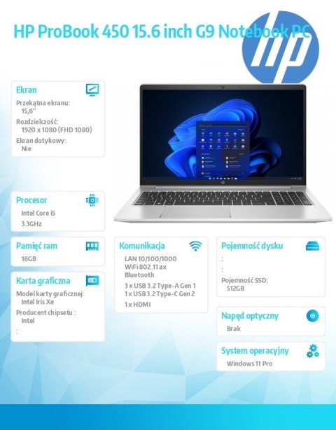 HP Inc. Notebook ProBook 450 G9 i5-1235U 512GB/16GB/W11P/15,6 cala 9M3U2AT HP Inc. Notebook ProBook 450 G9 i5-1235U 512GB/16GB/W11P/15,6 cala 9M3U2AT