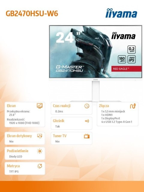 IIYAMA Monitor 24 cale GB2470HSU-W6 0.2ms, IPS, DP, HDMI, 180Hz, 300cd IIYAMA Monitor 24 cale GB2470HSU-W6 0.2ms, IPS, DP, HDMI, 180Hz, 300cd