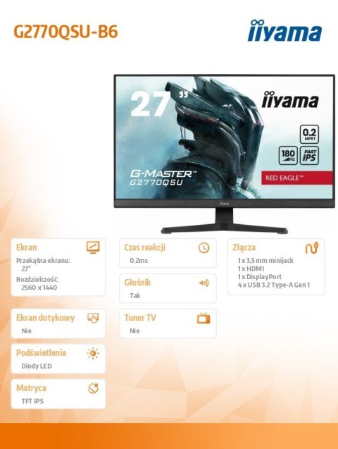 IIYAMA Monitor 27 cali G2770Q 0.2ms, IPS, DP, HDMI, 180Hz IIYAMA Monitor 27 cali G2770Q 0.2ms, IPS, DP, HDMI, 180Hz