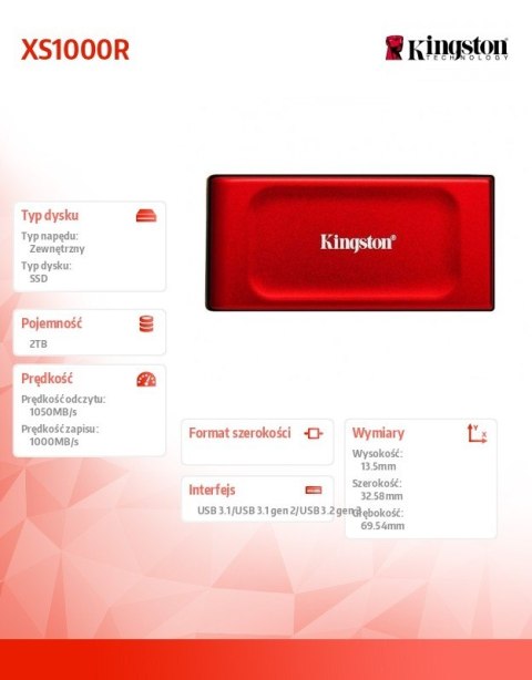 Kingston Dysk SSD XS1000R 2TB USB3.2 Gen2.2 Zewnętrzny Red Kingston Dysk SSD XS1000R 2TB USB3.2 Gen2.2 Zewnętrzny Red
