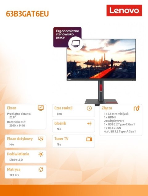 Lenovo Monitor 23.8 cali ThinkVision P24h-30 WLED LCD 63B3GAT6EU Lenovo Monitor 23.8 cali ThinkVision P24h-30 WLED LCD 63B3GAT6EU