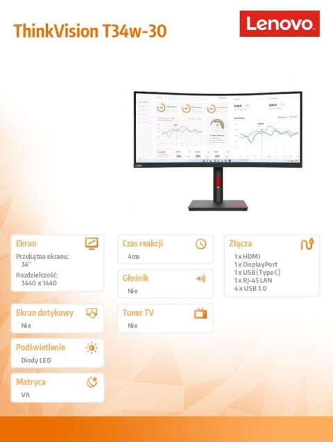 Lenovo Monitor 34 cale ThinkVision T34w-30 WLED LCD 63D4GAT1EU Lenovo Monitor 34 cale ThinkVision T34w-30 WLED LCD 63D4GAT1EU