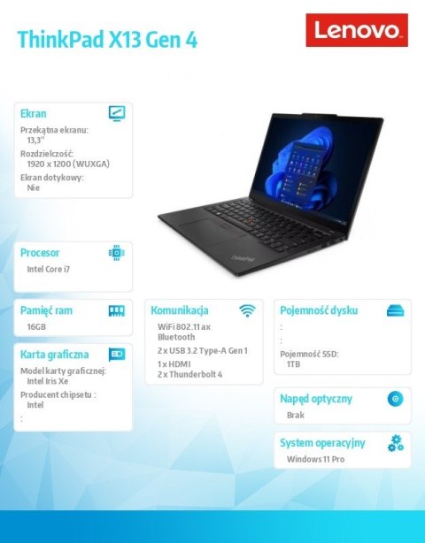 Lenovo Ultrabook ThinkPad X13 G4 21EX004BPB W11Pro i7-1355U/16GB/1TB/INT/13.3 WUXGA/Deep Black/3YRS Premier Support + CO2 Offset Lenovo Ultrabook ThinkPad X13 G4 21EX004BPB W11Pro i7-1355U/16GB/1TB/INT/13.3 WUXGA/Deep Black/3YRS Premier Support + CO2 Offset