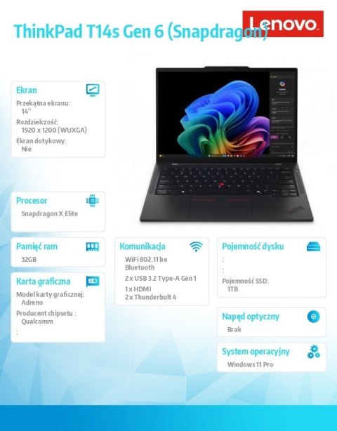 Lenovo Ultrabook ThinkPad T14s G6 21N10008PB W11Pro X1E-78-100/32GB/1TB/14 cali WUXGA/Black/3YR Premier Support + CO2 Offset Lenovo Ultrabook ThinkPad T14s G6 21N10008PB W11Pro X1E-78-100/32GB/1TB/14 cali WUXGA/Black/3YR Premier Support + CO2 Offset