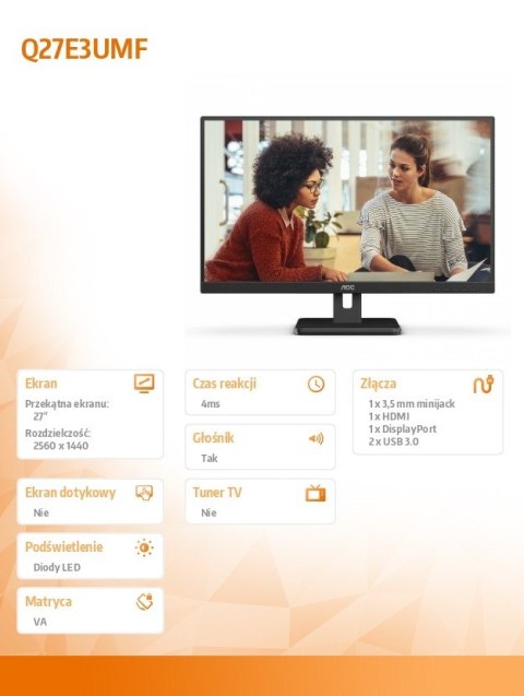 AOC Monitor Q27E3UMF 27 cali VA HDMI DP Pivot Głośniki AOC Monitor Q27E3UMF 27 cali VA HDMI DP Pivot Głośniki
