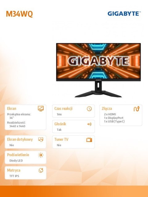 Gigabyte Monitor 34 cale M34WQ 144Hz 1ms/IPS/HDMI/USBC/DP Gigabyte Monitor 34 cale M34WQ 144Hz 1ms/IPS/HDMI/USBC/DP