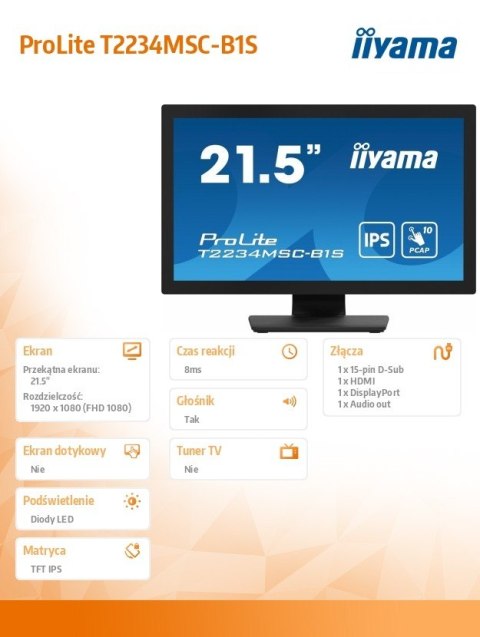 IIYAMA Monitor ProLite 21.5 cala T2234MSC-B1S IPS,10PKT.VGA,HDMI,DP IIYAMA Monitor ProLite 21.5 cala T2234MSC-B1S IPS,10PKT.VGA,HDMI,DP