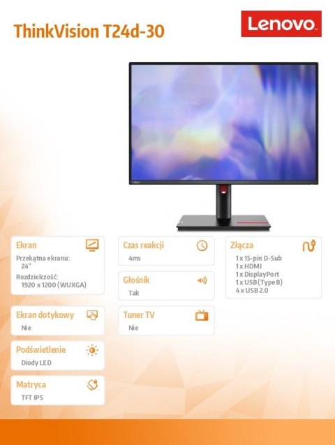 Lenovo Monitor ThinkVision T24d-30 24 cale 63FFMAT1EU Lenovo Monitor ThinkVision T24d-30 24 cale 63FFMAT1EU