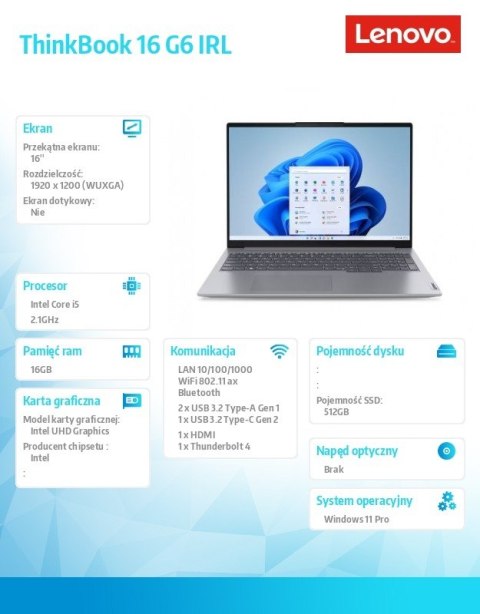 Lenovo Notebook ThinkBook 16 G6 21KH00TCPB W11Pro i5-13420H/16GB/512GB/INT/16.0 WUXGA/Arctic Grey/3YRS OS + CO2 Offset Lenovo Notebook ThinkBook 16 G6 21KH00TCPB W11Pro i5-13420H/16GB/512GB/INT/16.0 WUXGA/Arctic Grey/3YRS OS + CO2 Offset