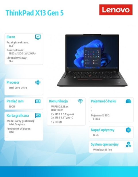 Lenovo Ultrabook ThinkPad X13 G5 21LU000QPB W11Pro Ultra 5 125U/16GB/512GB/INT/13.3 WUXGA/Black/3YRS Premier Support + CO2 Offset Lenovo Ultrabook ThinkPad X13 G5 21LU000QPB W11Pro Ultra 5 125U/16GB/512GB/INT/13.3 WUXGA/Black/3YRS Premier Support + CO2 Offset
