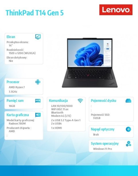 Lenovo Ultrabook ThinkPad T14 G5 21MC0019PB W11Pro 8840U/16GB/512GB/INT/14.0 WUXGA/Black/3YRS Premier Support + CO2 Offset Lenovo Ultrabook ThinkPad T14 G5 21MC0019PB W11Pro 8840U/16GB/512GB/INT/14.0 WUXGA/Black/3YRS Premier Support + CO2 Offset